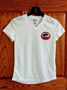 Helium Women's White V-Neck Tee with Red Patch Logo
